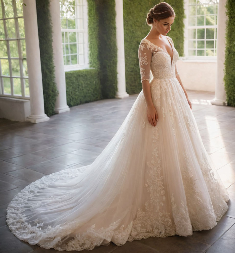 Ivory Wedding Dresses White Bridal Gowns Formal A Line V-Neck With Half Sleeve Floor-Length Sweep Train Applique Beaded Tulle Custom Zipper Lace Up Pl
