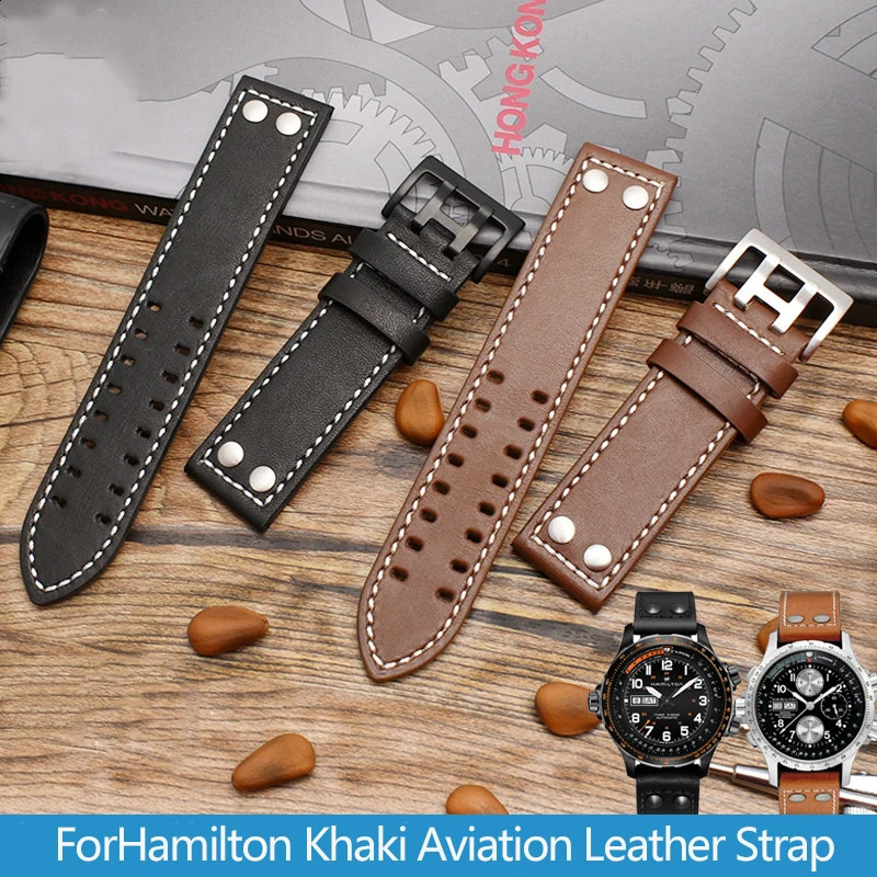 Genuine Leather Watchband for Hamilton Khaki Aviation Field Series Mens Watch Band Bracelte with Rivets Strap Brown 20mm 22mm 240125