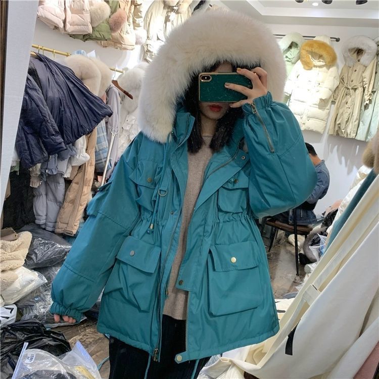 Large Natural Raccoon Fur Women Down Coat Winter Thick 90% White Duck Down Parka Female Hooded Short Jacket Loose Down Outerwear 211007wtt