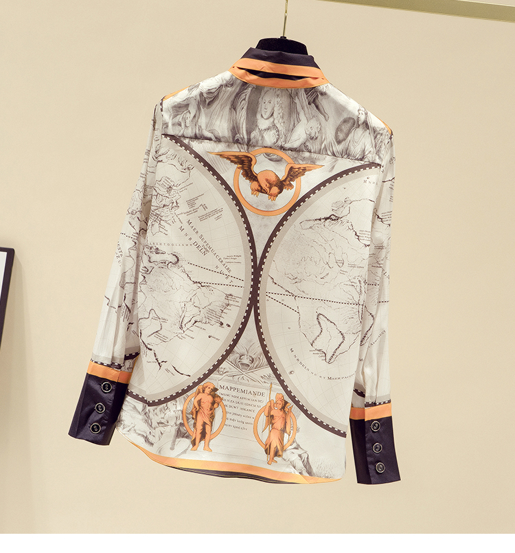 Ladies bow long sleeve printed chiffon shirt S M L XL 2XL