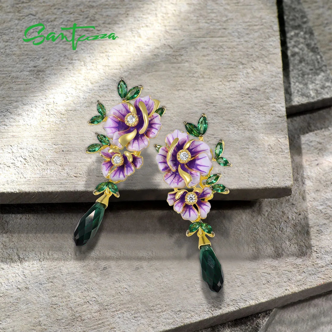 SANTUZZA Pure 925 Sterling Silver Drop Earrings For Women Green Stones White CZ Enamel Flower Delicate Fine Jewelry Handmade 240127