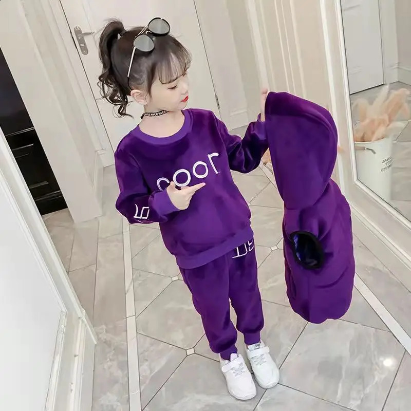 2024 winter girls tracksuit Autumn Toddler Teenager Clothes tiger velvet jacket hoodie Pant Children Kids 8 9 10 11 12 year 240122