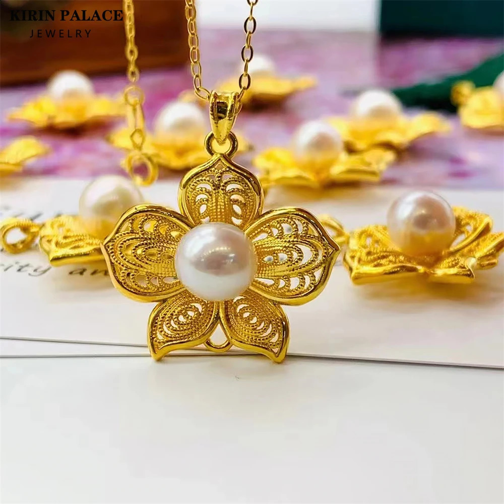Real 18k Gold Au750 WomanS Fresh Water Pearl Pendant Necklace Lace Flower Pendant Gift For Woman Vintage Fine Jewelry 240125