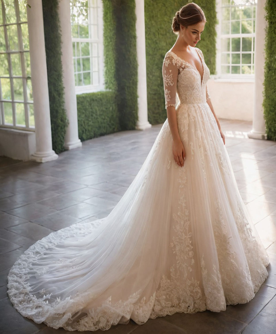 Ivory Wedding Dresses White Bridal Gowns Formal A Line V-Neck With Half Sleeve Floor-Length Sweep Train Applique Beaded Tulle Custom Zipper Lace Up Pl