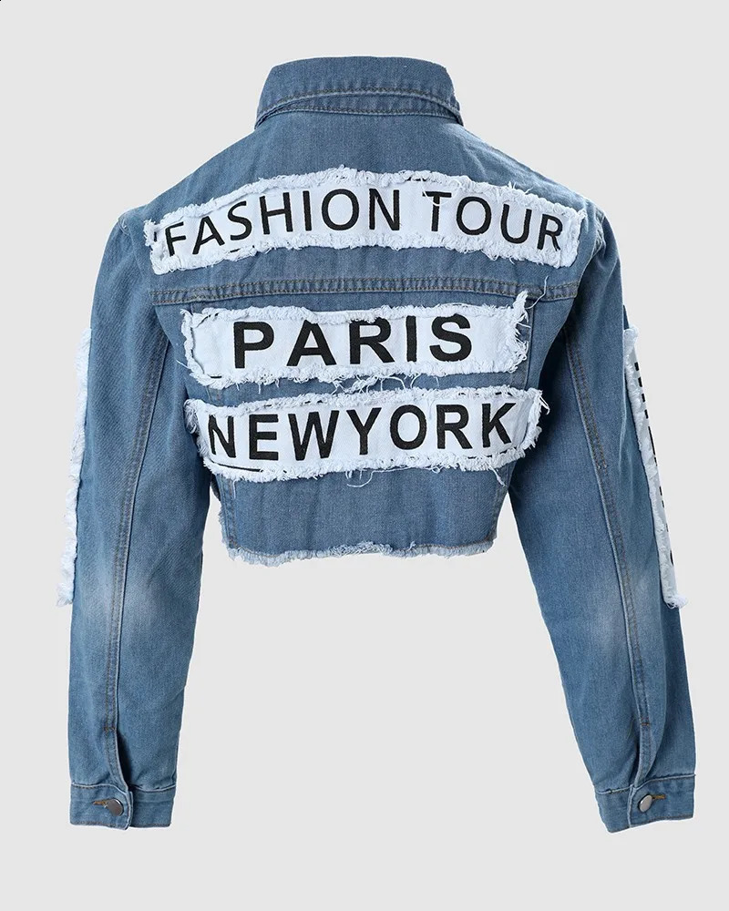 SpringSummer for Women 2023 Short Jacket Long Sleeve Fashion Casual Letter Patch Ripped Raw Hem Crop Denim Coat Denim Jackets 240119