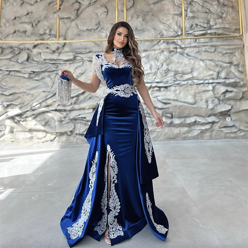 Private Custom Moroccan Caftan Evening Dress Appliques Lace Cap Sleeve Royal Blue Mermaid Slit Veet Arabic Prom Gowns