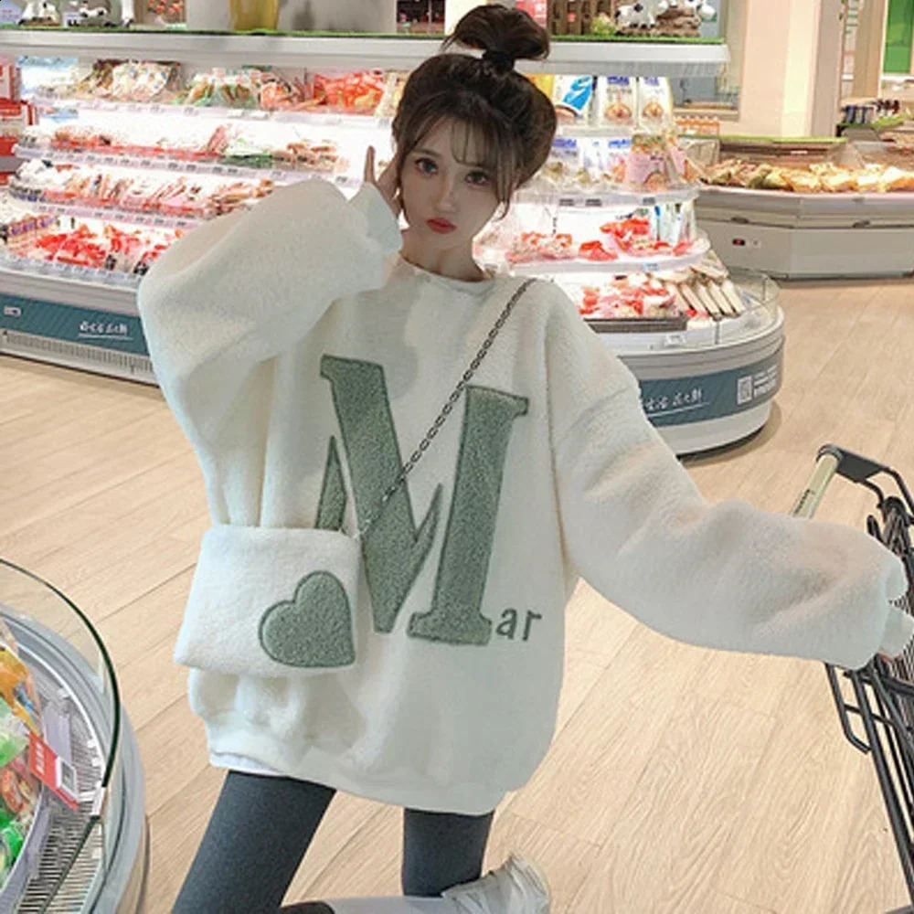 Women Lamb Hoodies with Bag Lady Letter Sweatshirt Femal Loose Outerwear Long Pullover 2023 Spring Fall Winter Warm Clothing 240119
