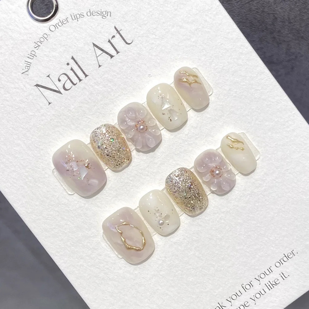 Handmade Short Press on Nails Korean Fairy Reusable Adhesive False Nails Acrylic Artificial Manicure Full Cover Nail Tips 240129