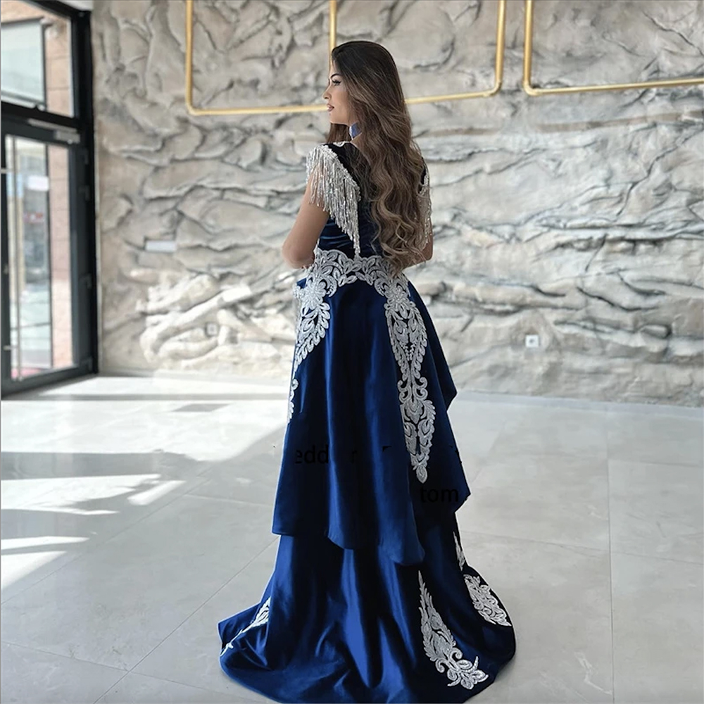 Private Custom Moroccan Caftan Evening Dress Appliques Lace Cap Sleeve Royal Blue Mermaid Slit Veet Arabic Prom Gowns