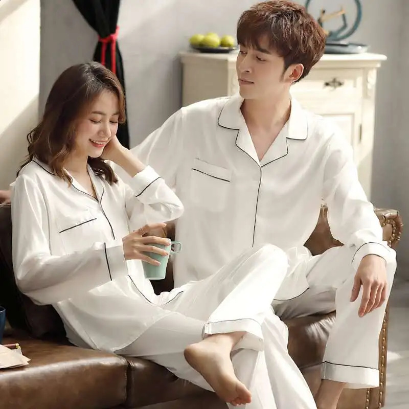 Solid Color Sleepwear Silk Satin Pajamas couple Set Long Button-Down Pyjamas Suit Pijama Women Men Loungewear Plus Size Pj Set 240131
