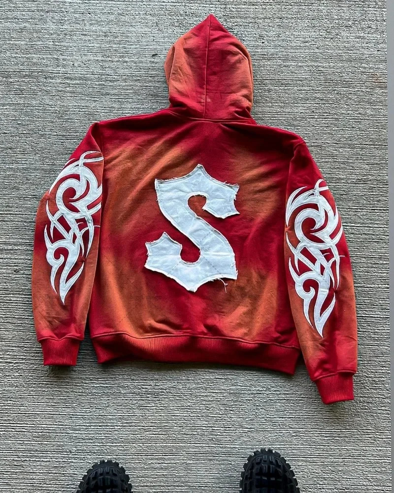 American Trendy Gothic Raw Edge Embroidery Oversized Hoodie Mens Y2K Street HipHop Harajuku Versatile Loose Sweatshirt Womens 240119