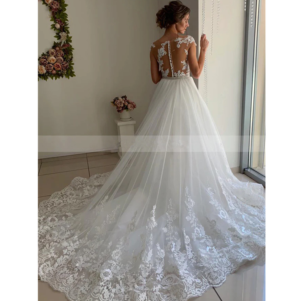 Satin Elegant Wedding Dress Court Train Sheer Back Lace Appliques Long Sleeves Sexy White Bridal Gowns Beach Boho Bride Dresses Es