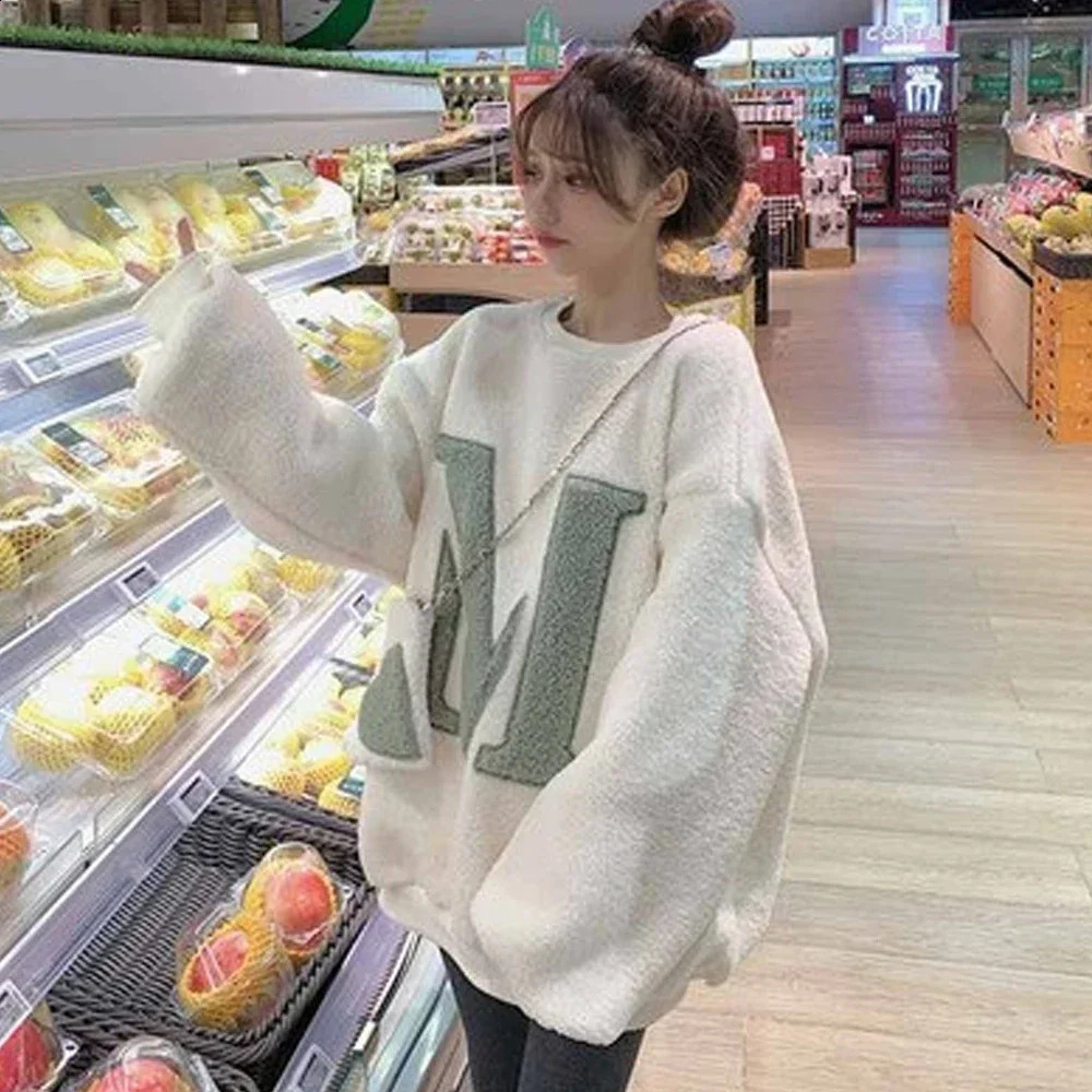 Women Lamb Hoodies with Bag Lady Letter Sweatshirt Femal Loose Outerwear Long Pullover 2023 Spring Fall Winter Warm Clothing 240119