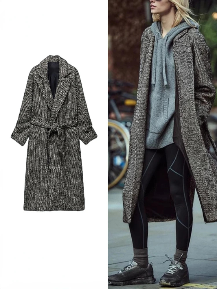 ZBZA Women's Belted Herringbone Coat Autumn Winter Lapel Collar Long Sleeves Welt Pockets Back Slit Belt Twill Overcoat Fema 240122