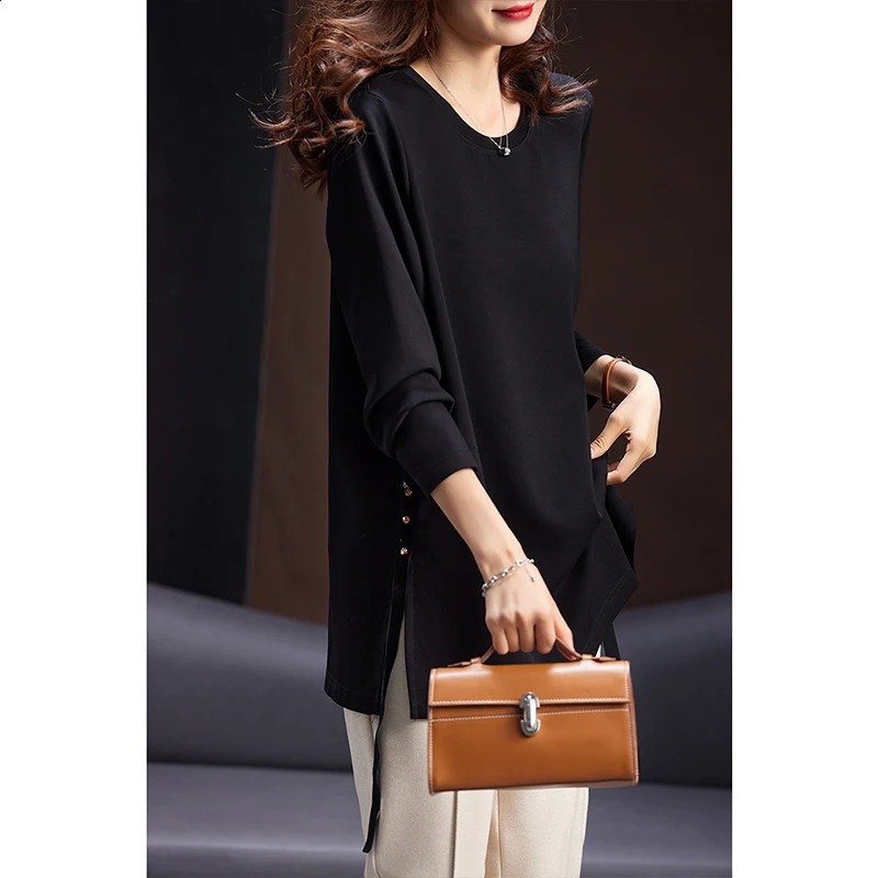 2024 Spring Solid Black Elegant Fashion Tshirt Tunic Clothes Long Sleeve Oneck Top Simple Casual Oversized Pullovers 240202