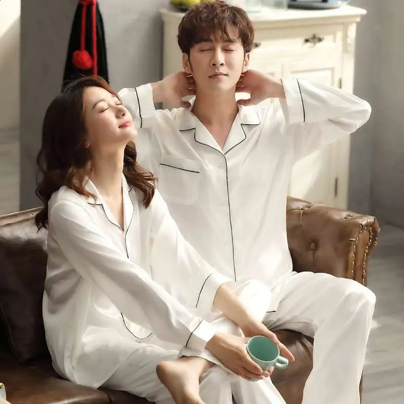 Solid Color Sleepwear Silk Satin Pajamas couple Set Long Button-Down Pyjamas Suit Pijama Women Men Loungewear Plus Size Pj Set 240131