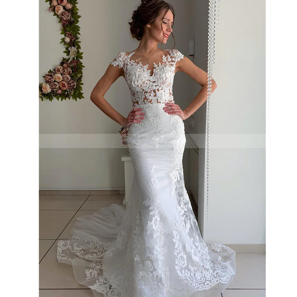 Satin Elegant Wedding Dress Court Train Sheer Back Lace Appliques Long Sleeves Sexy White Bridal Gowns Beach Boho Bride Dresses Es