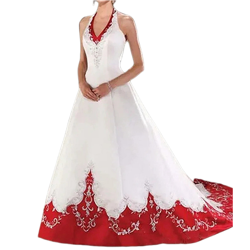 Elegant White And Red A Line Wedding Dresses Embroidery Halter Neck Sleeveless Long Satin Bridal Gown Court Train Vintage Robe De Mariee 2024