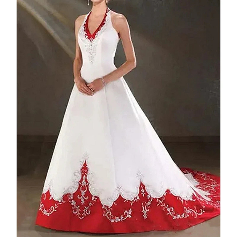 Elegant White And Red A Line Wedding Dresses Embroidery Halter Neck Sleeveless Long Satin Bridal Gown Court Train Vintage Robe De Mariee 2024