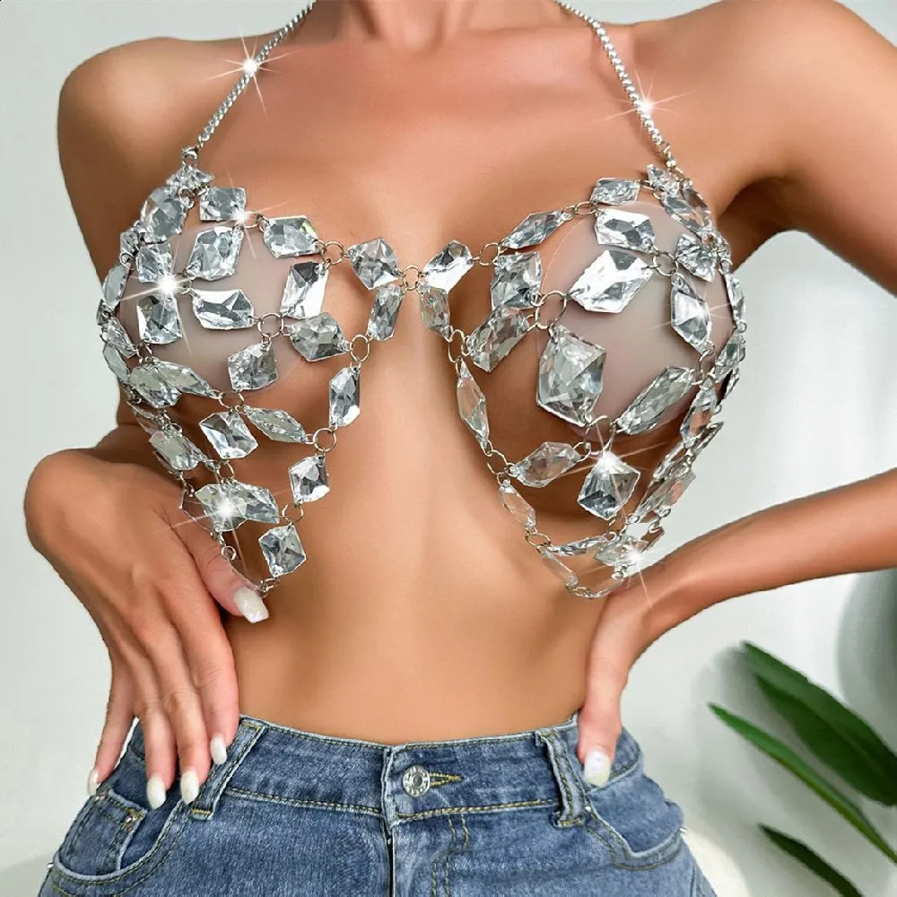 Shiny Crystal Bralette Chest Bra Chain Bikini Body Accessories Festival Sexy Hollow out Rhinestone Top Lingerie Jewelry Women 240127