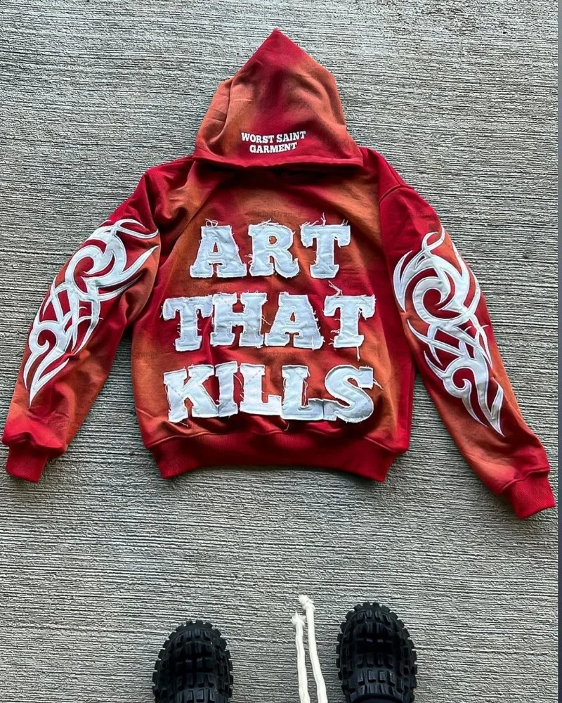 American Trendy Gothic Raw Edge Embroidery Oversized Hoodie Mens Y2K Street HipHop Harajuku Versatile Loose Sweatshirt Womens 240119