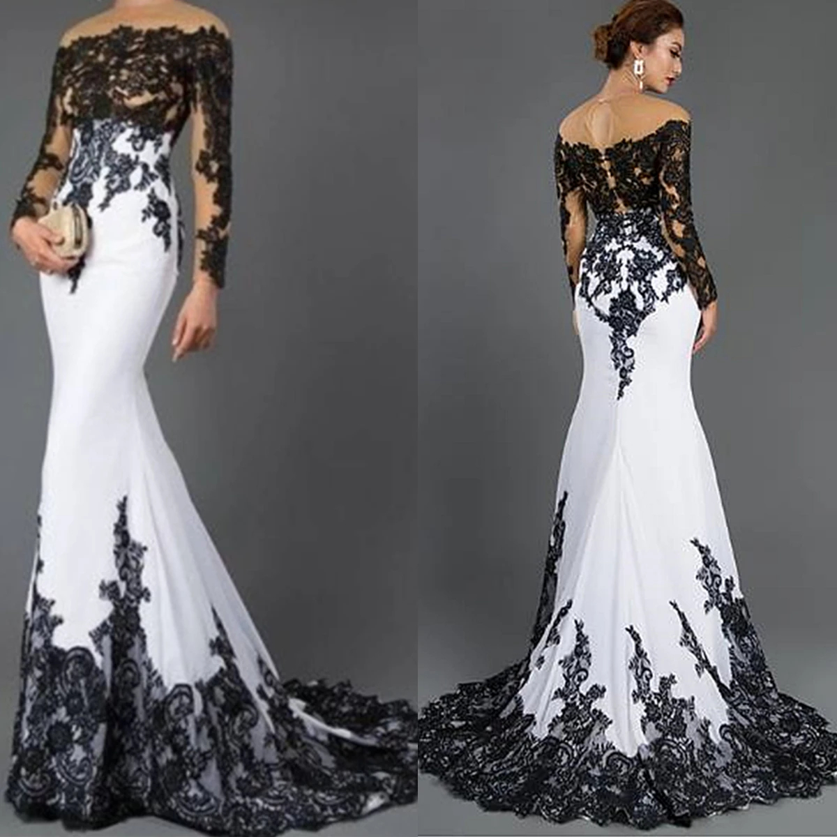 And White Black Vintage Mermaid Wedding Dresses Long Sleeves Illusion Jewel Neck Sexy Bridal Gowns Lace Appliques Gothic Bride Wear Lz0304