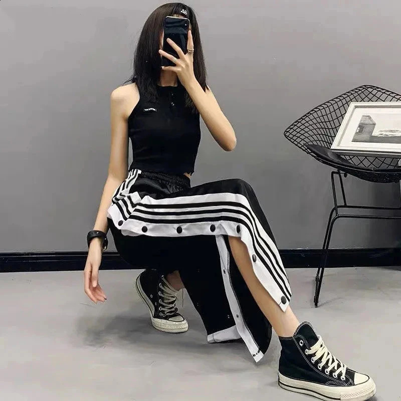 MEXZT Y2K Striped Joggers Sweatpant Button Slit Baggy Wide Leg Pants Streetwear Elastic High Waist Loose Casual Trousers 240201