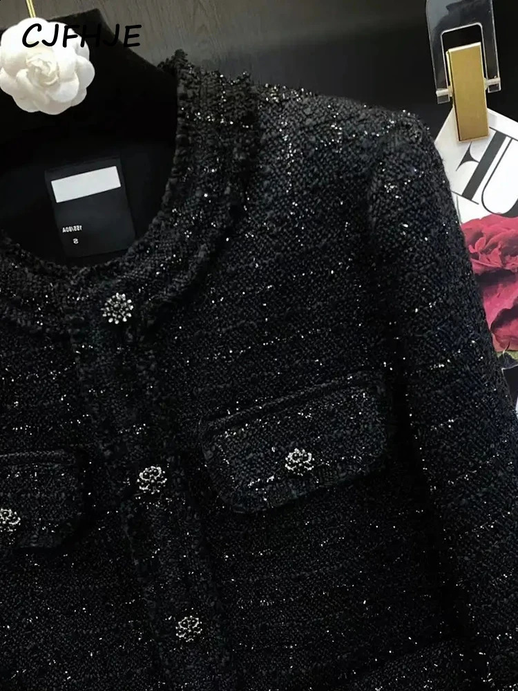 CJFHJE Oneck Autumn Winter Korean Style Suit Coat Women Long Sleeve Black Single Breasted Plaid Cassic Tweed Blazers Female 240130