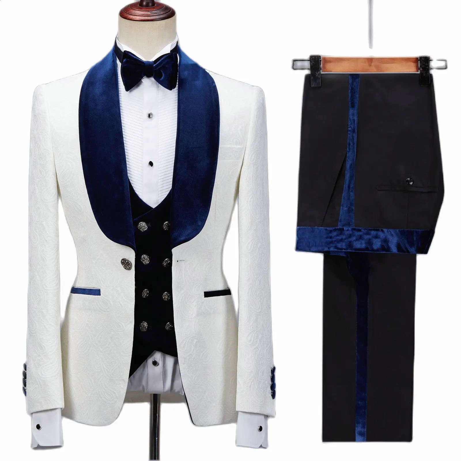 Floral Jacket Men Suit Slim Fit Wedding Tuxedo Navy Blue Velvet Lapel Groom Party Suits Costume Homme Man Blazer 240126