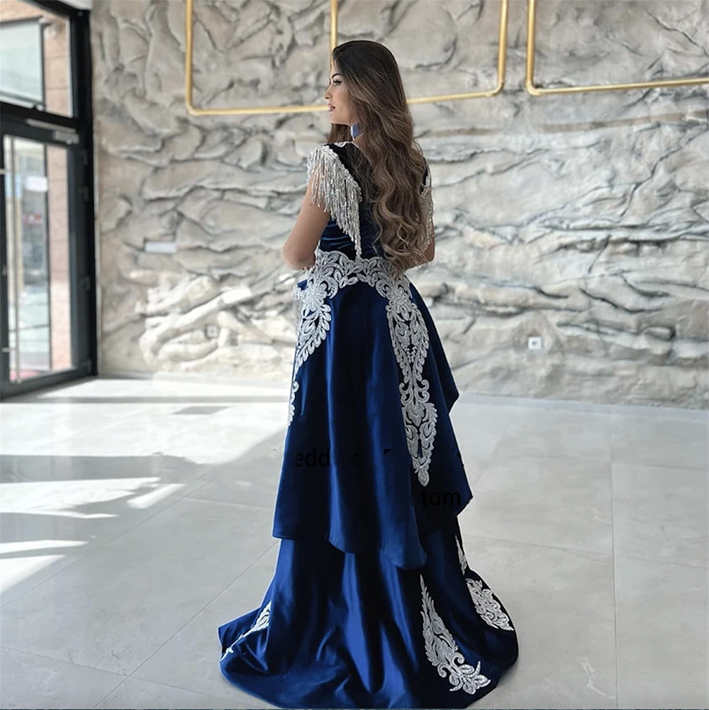 Private Custom Moroccan Caftan Evening Dress Appliques Lace Cap Sleeve Royal Blue Mermaid Slit Veet Arabic Prom Gowns