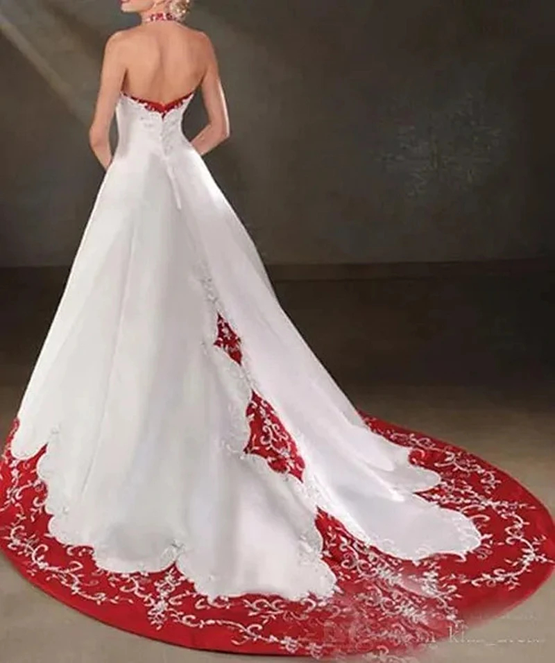 Elegant White And Red A Line Wedding Dresses Embroidery Halter Neck Sleeveless Long Satin Bridal Gown Court Train Vintage Robe De Mariee 2024