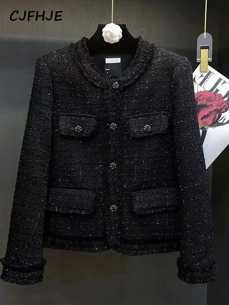 CJFHJE Oneck Autumn Winter Korean Style Suit Coat Women Long Sleeve Black Single Breasted Plaid Cassic Tweed Blazers Female 240130