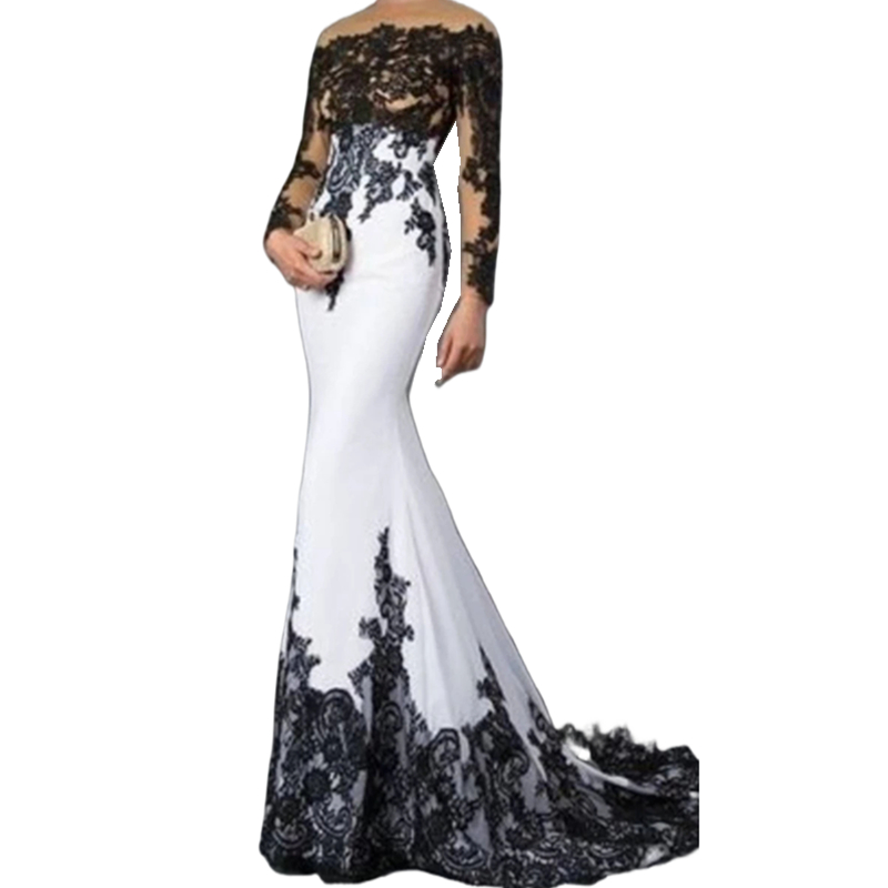 And White Black Vintage Mermaid Wedding Dresses Long Sleeves Illusion Jewel Neck Sexy Bridal Gowns Lace Appliques Gothic Bride Wear Lz0304