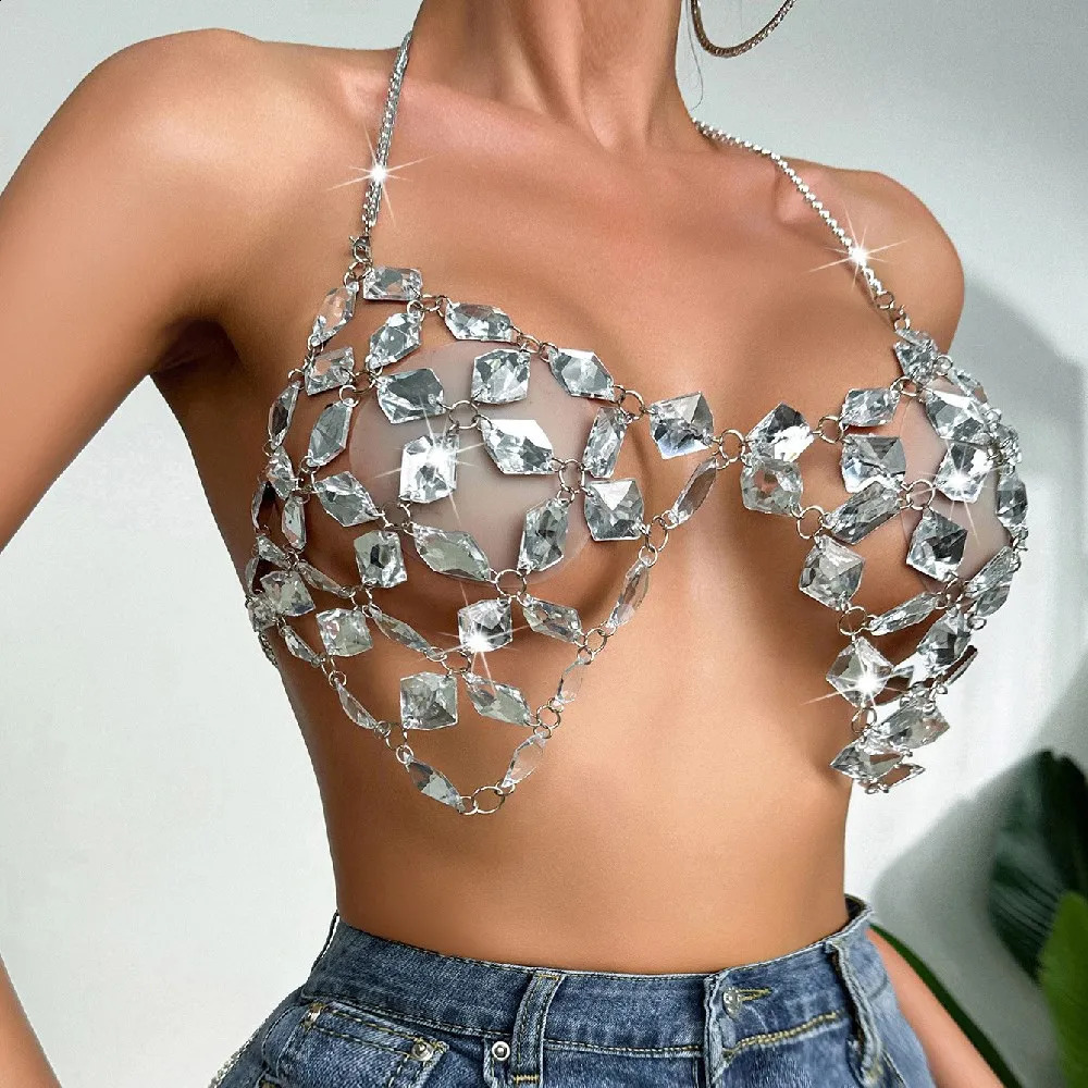Shiny Crystal Bralette Chest Bra Chain Bikini Body Accessories Festival Sexy Hollow out Rhinestone Top Lingerie Jewelry Women 240127