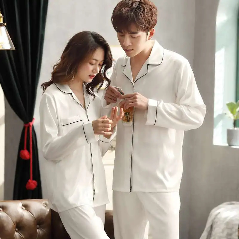 Solid Color Sleepwear Silk Satin Pajamas couple Set Long Button-Down Pyjamas Suit Pijama Women Men Loungewear Plus Size Pj Set 240131