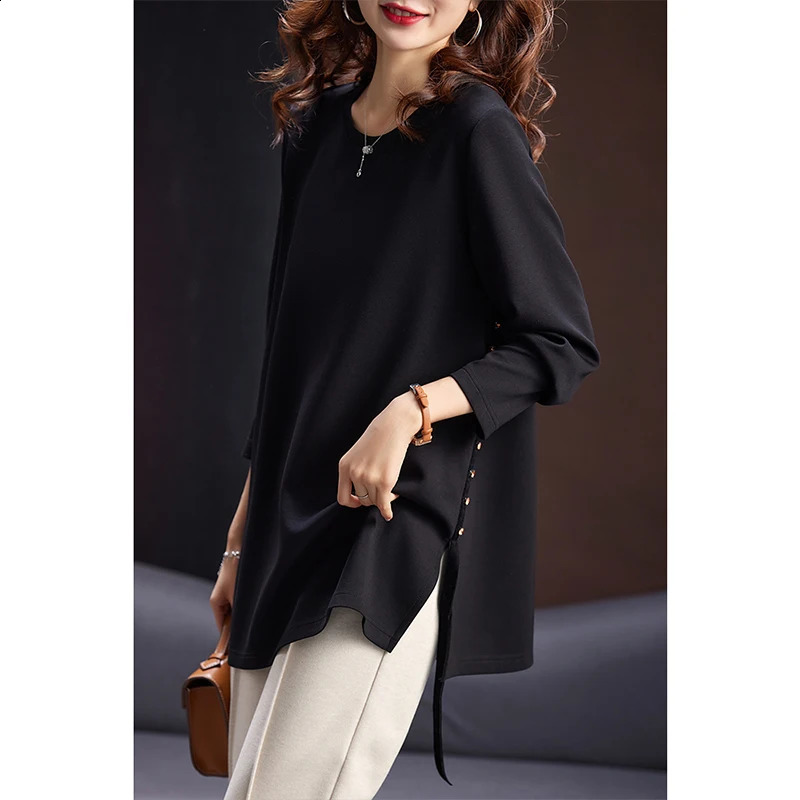 2024 Spring Solid Black Elegant Fashion Tshirt Tunic Clothes Long Sleeve Oneck Top Simple Casual Oversized Pullovers 240202