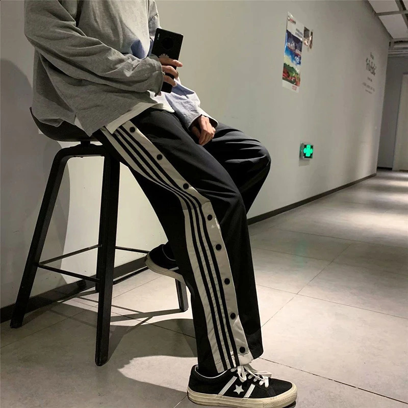 MEXZT Y2K Striped Joggers Sweatpant Button Slit Baggy Wide Leg Pants Streetwear Elastic High Waist Loose Casual Trousers 240201