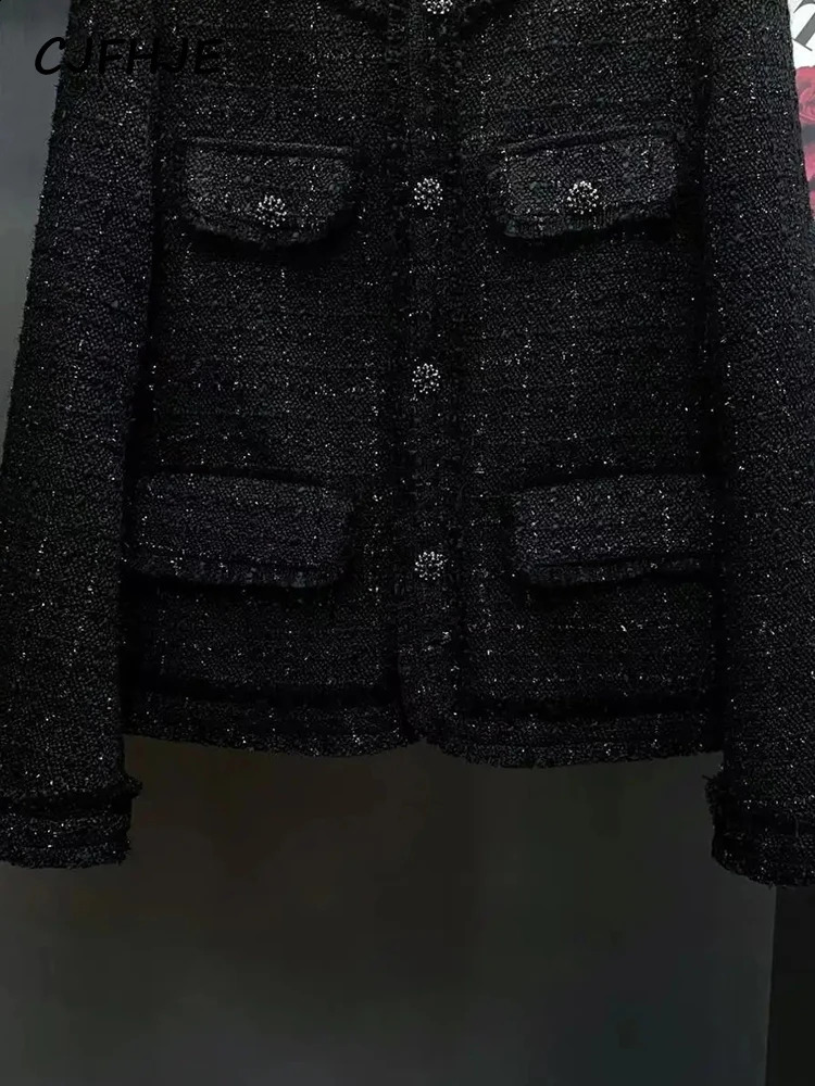 CJFHJE Oneck Autumn Winter Korean Style Suit Coat Women Long Sleeve Black Single Breasted Plaid Cassic Tweed Blazers Female 240130