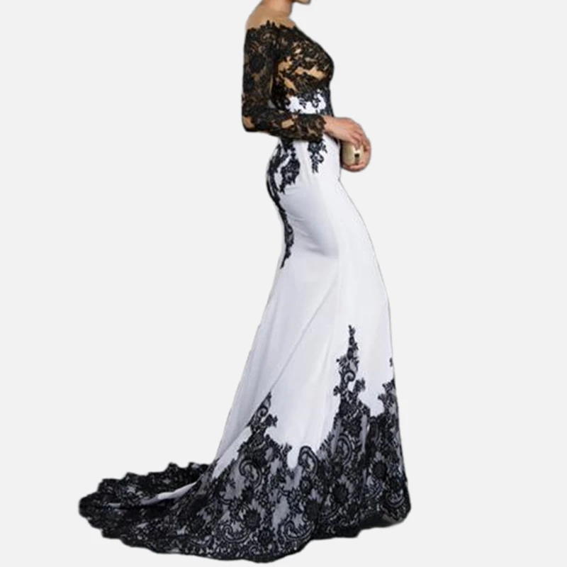 And White Black Vintage Mermaid Wedding Dresses Long Sleeves Illusion Jewel Neck Sexy Bridal Gowns Lace Appliques Gothic Bride Wear Lz0304