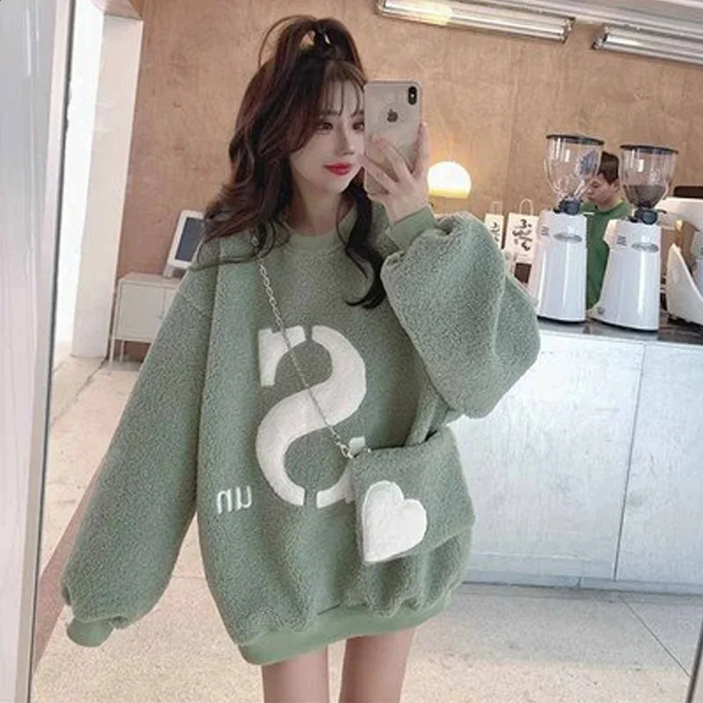 Women Lamb Hoodies with Bag Lady Letter Sweatshirt Femal Loose Outerwear Long Pullover 2023 Spring Fall Winter Warm Clothing 240119