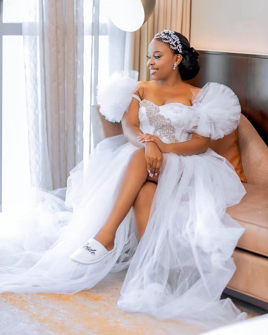 Ebi Arabic Aso White Bride Robes For Wedding Sweet Hear Tlong Sleeve A Line Tulle Lace Ruffles African Women Bridal Shower Dresses Morning Robe Frican