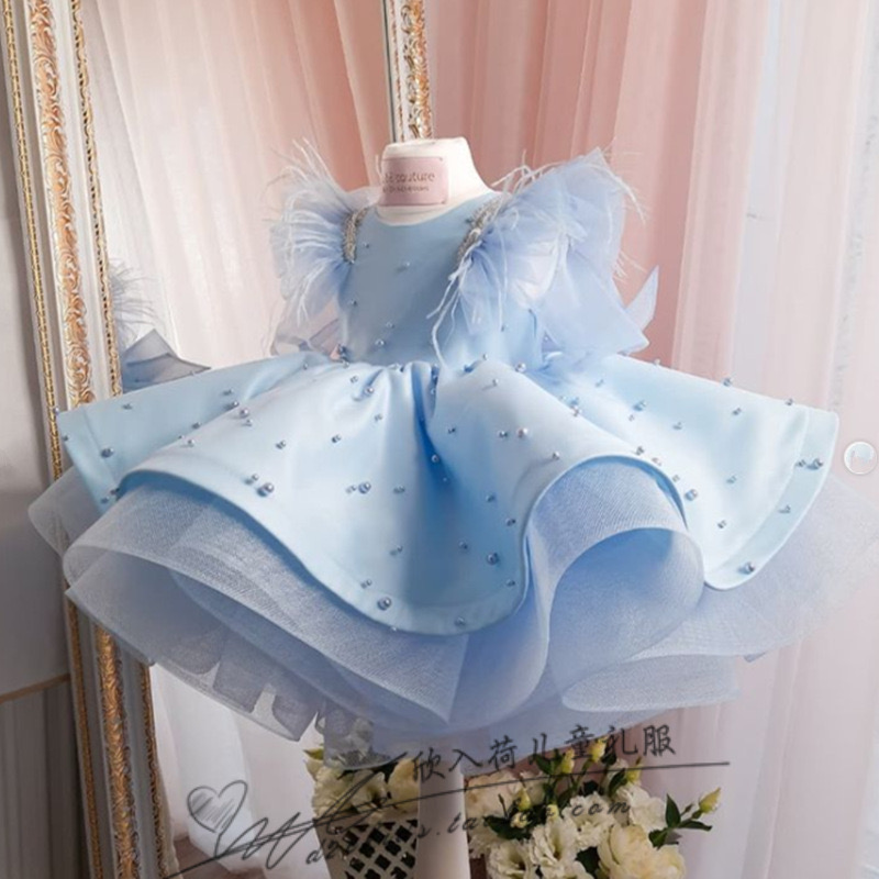 Blue Pearls Beaded Flower Sheer Neck Satin Little Girl Wedding Frist Communion Pageant Dresses Gowns Vintage Baby Peageant Dress Gowns