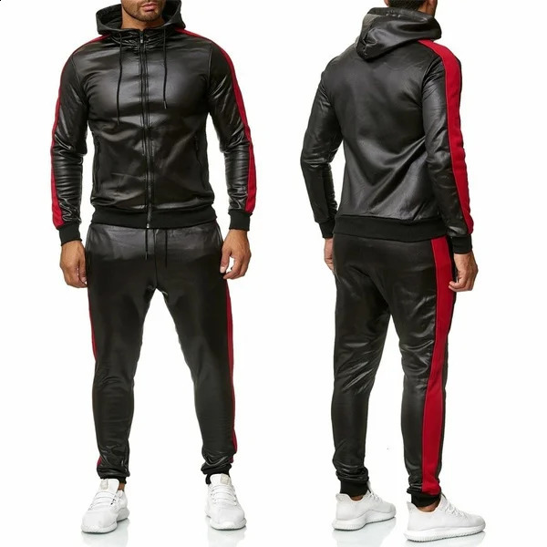 Mens Pu Leather Hoodies Set Casual Sweatsuit Hooded Jacket And Pants Jogging Suit Tracksuits 240126