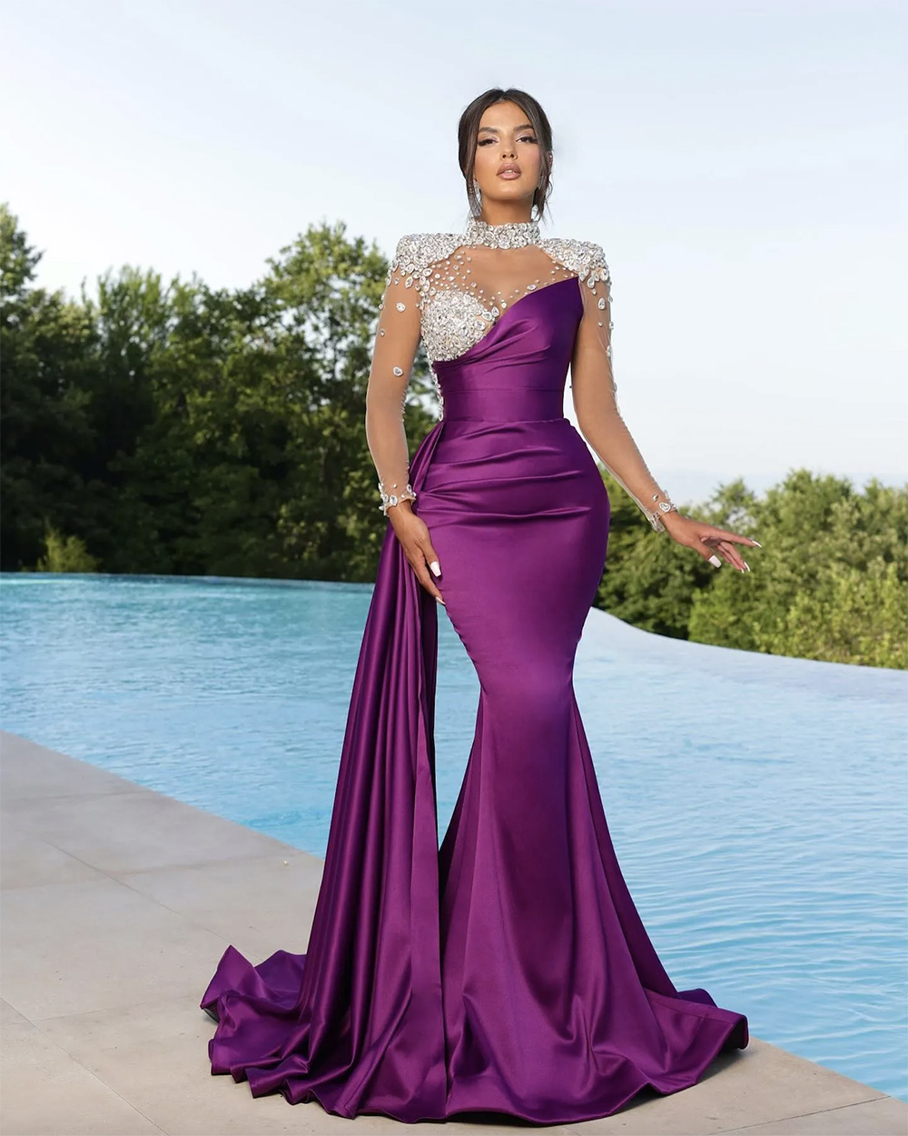 Elegant Purple Mermaid Evening Dresses Beaded High Collar Party Prom Illusion Sleeves Long Dress For Special Ocn 0431