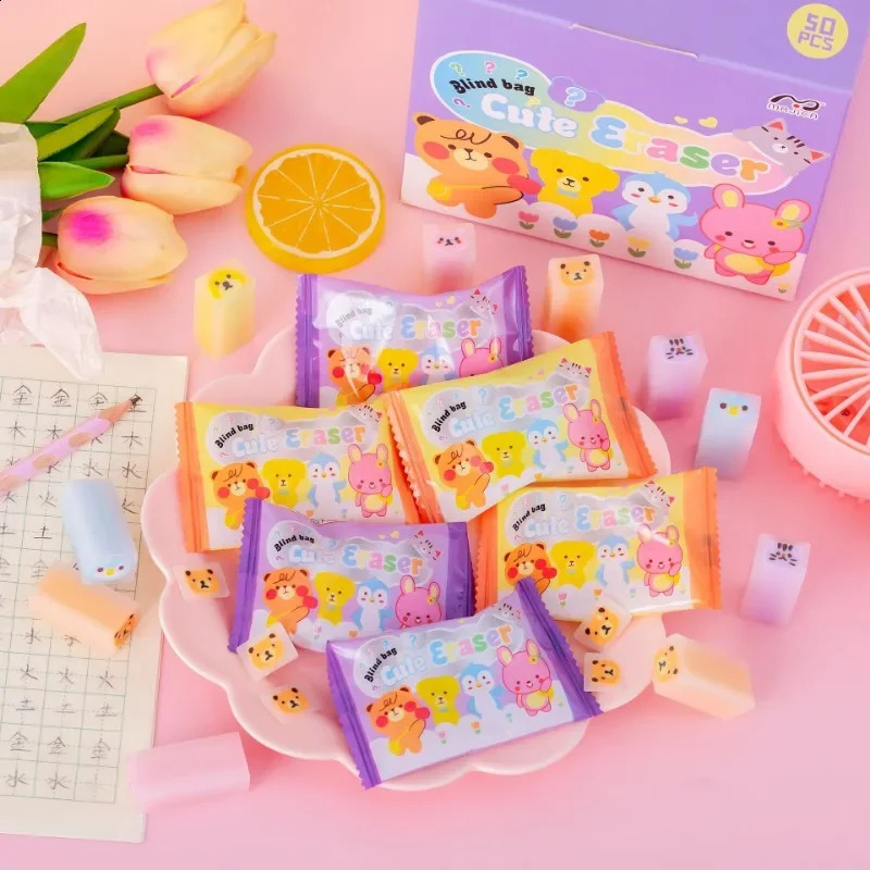 50PcsLot Blind Box Eraser Kawaii Erasers for Children Batch Stationery School Supplies Kids Funny Cleaner 240124