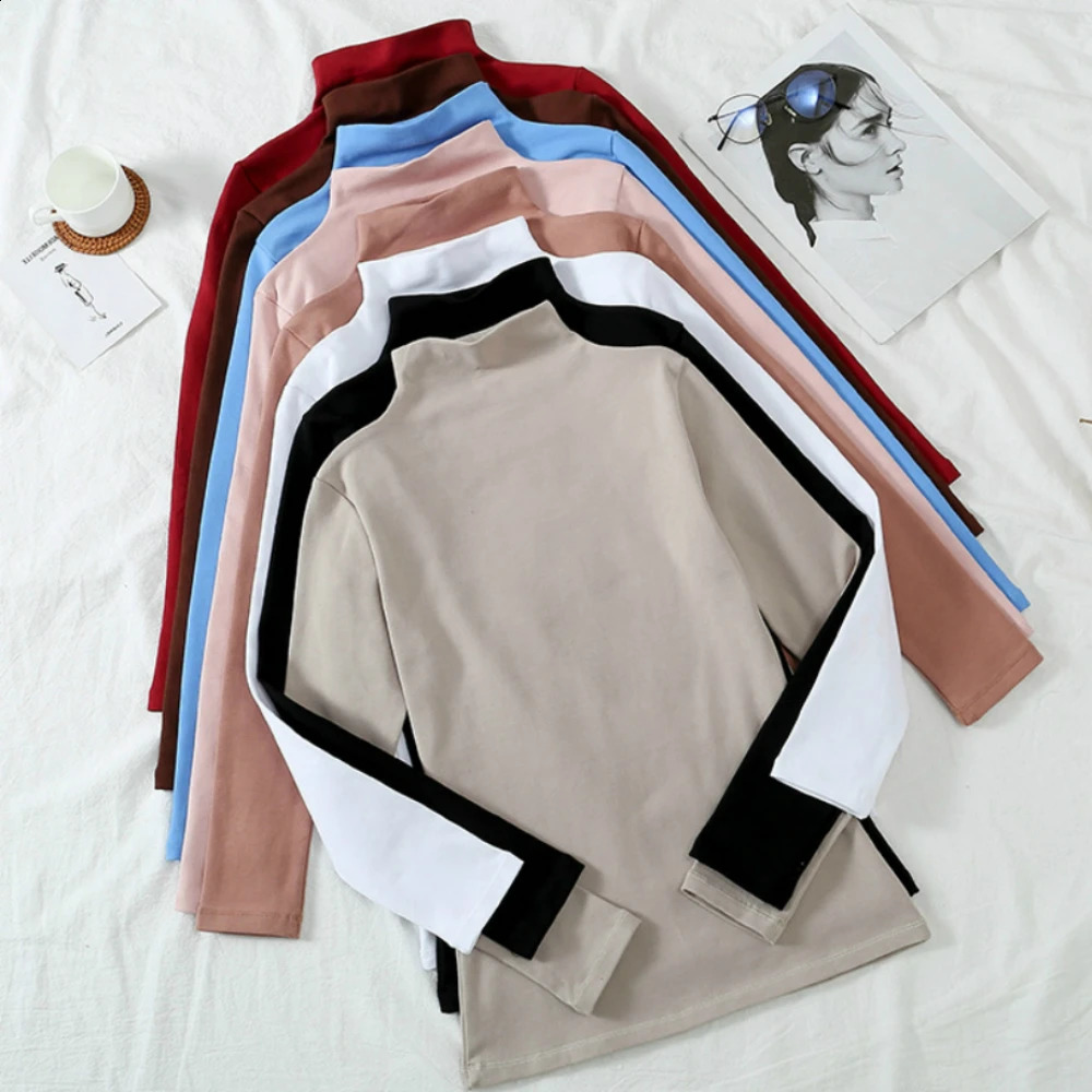Long Sleeve Women TShirt Underwear Basic Turtleneck TShirts Lady Causal Base Solid Tee Tshirt Undershirt Tops Black White 240202