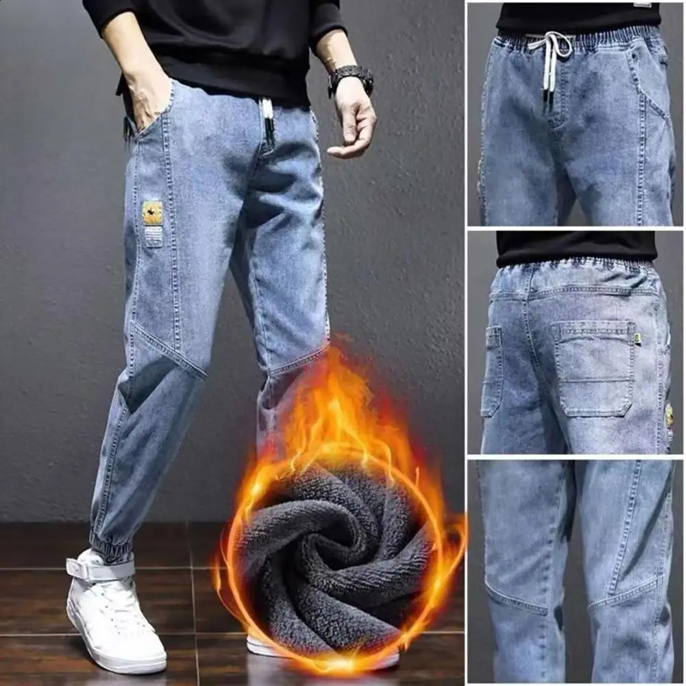 Men Jeans Autumn Winter Warm Plush Lined Drawstring Elastic Waist Denim Pants Pockets Casual Loose Soft Male Cuffed Trousers 240124