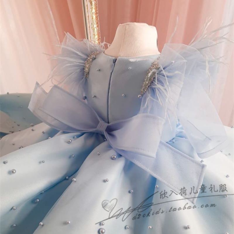 Blue Pearls Beaded Flower Sheer Neck Satin Little Girl Wedding Frist Communion Pageant Dresses Gowns Vintage Baby Peageant Dress Gowns