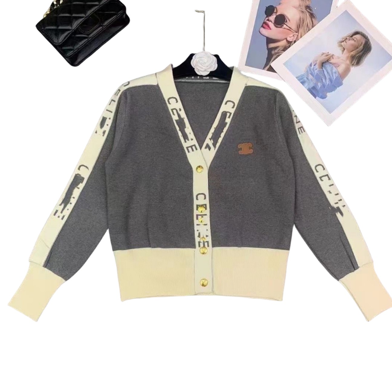 New design women's v-neck letter print PU logo embroidery color block single breasted knitted casual cardigans SMLXL