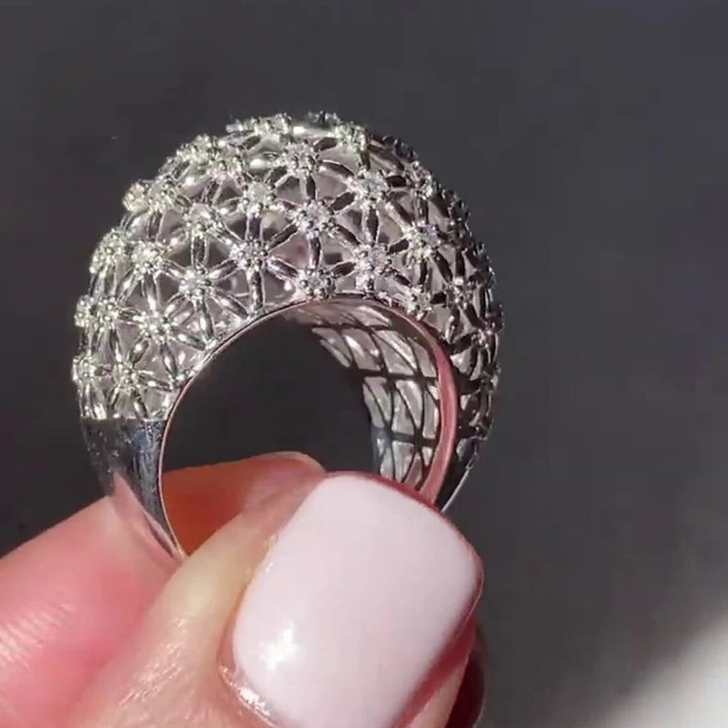 Vintage Sterg Sier Wedding Rings for Women, 3A Cubic Zirconia Chrysanthemum Eternity Engagement Ring, Party Jewelry Gift